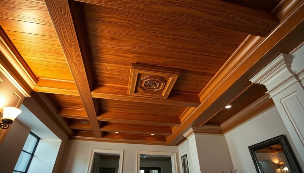 A beautifully designed wooden ceiling in an entryway, showcasing intricate beams and elegant molding that evokes warmth and sophistication. The foreground features the textured grain of the wood illuminated by soft, ambient lighting, highlighting the craftsmanship. In the middle, the ceiling design incorporates subtle accents like decorative panels and a semi-gloss finish that catches the eye, creating an inviting contrast with the entryway's neutral walls. In the background, a glimpse of a stylish entrance can be seen, with a minimalist console table and a chic mirror reflecting the stunning ceiling design. The atmosphere feels cozy and welcoming, emphasizing the impact of wood in transforming a space. The image should be rich in detail, capturing the elegance of the wooden ceiling without any watermarks or text overlays.