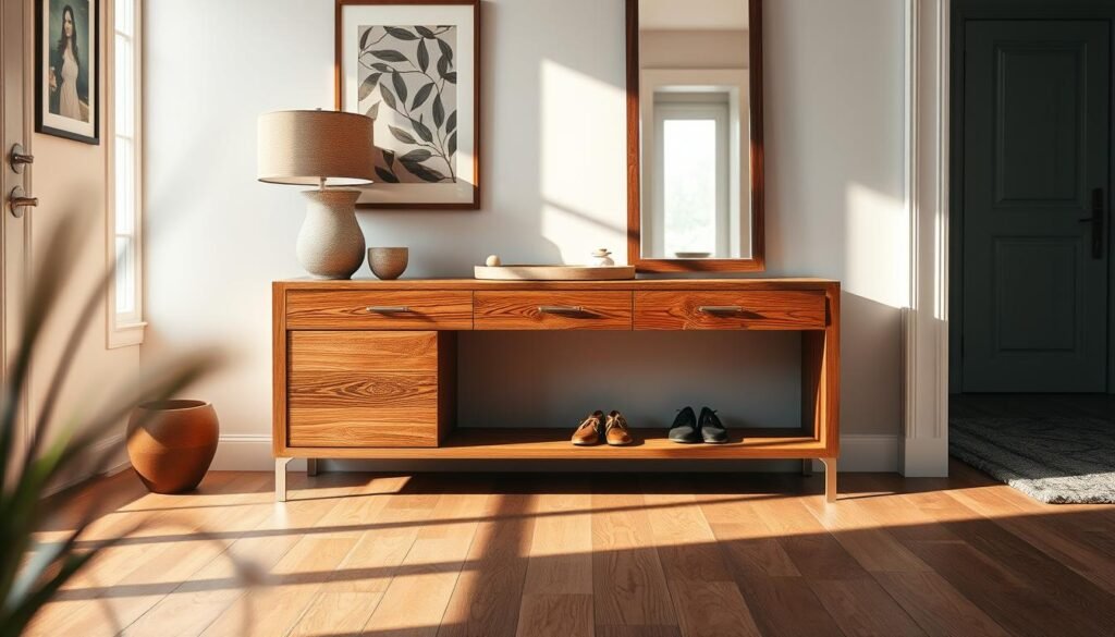 A beautifully designed wooden console table showcased in a cozy entryway. The table features rich, natural wood grains with a warm finish, complemented by sleek metal accents. In the foreground, delicate decorative items like a potted plant and a stylish lamp create an inviting atmosphere. The middle of the scene focuses on the console table against a softly lit wall adorned with framed art pieces. The background subtly depicts a welcoming entryway with a large mirror and a pair of tasteful shoes neatly arranged. Natural sunlight filters through a nearby window, casting gentle shadows and highlighting the textures of the wood. The overall mood is warm and welcoming, perfect for transforming a cold entryway into a stylish and inviting space.