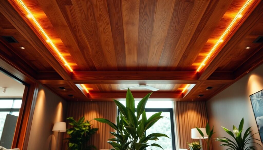 A beautifully designed wooden false ceiling in a modern living room, showcasing intricate woodgrain patterns and warm tones. The foreground features elegant wooden beams with soft, ambient lighting reflecting off them, creating a cozy atmosphere. In the middle, a spacious room with minimalist furniture, accentuated by lush indoor plants that bring life to the space. The background includes a large window, allowing natural light to pour in, enhancing the wood's richness and creating subtle shadows. A wide-angle view captures the height of the ceiling and the inviting nature of the room. The overall mood is warm and welcoming, perfect for inspiring a fresh design perspective.