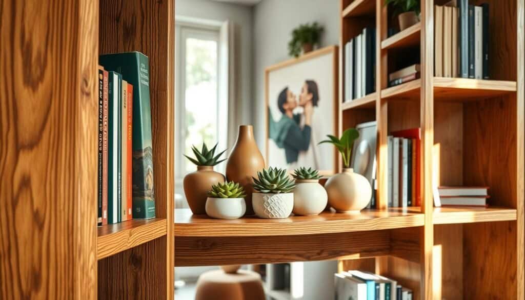 A beautifully designed wooden shelving unit displaying an assortment of books, decorative items, and indoor plants. The foreground features a close-up of richly textured oak shelves, showcasing their warm tones and natural grain. In the middle, a well-organized arrangement includes potted succulents, artful ceramic vases, and a few stacked books, inviting a sense of homeliness. The background softly blurs to reveal a cozy room with a hint of sunlight streaming through a nearby window, casting gentle shadows. Use soft, natural lighting to enhance the wood grain and create a warm atmosphere. The perspective should be from a slightly elevated angle, providing a clear view of the shelving unit's depth and detail. Aim for a serene and inviting mood that reflects the comfort and simplicity of wooden elements in home décor.