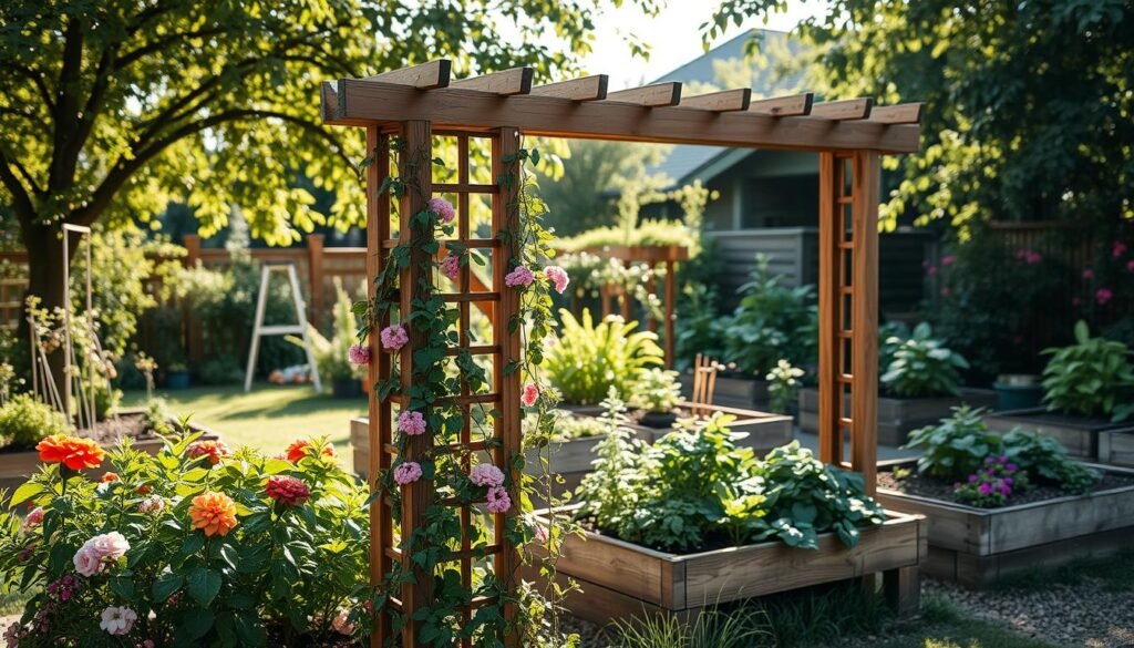A beautifully designed wooden trellis stands in a vibrant garden, showcasing creative trellis ideas. In the foreground, flowering climbing plants intertwine with the trellis, creating a lush green and colorful display. The middle ground features raised garden beds with an array of herbs and vegetables, organized neatly beside the trellis. In the background, soft sunlight filters through leafy trees, casting gentle shadows across the scene, enhancing the calmness of the garden. The overall atmosphere is inviting and inspiring, perfect for those looking to enhance their outdoor spaces. Capture the image from a slightly elevated angle, as if inviting the viewer to step into this serene garden oasis, with a focus on realistic textures and details in the woodwork and foliage.
