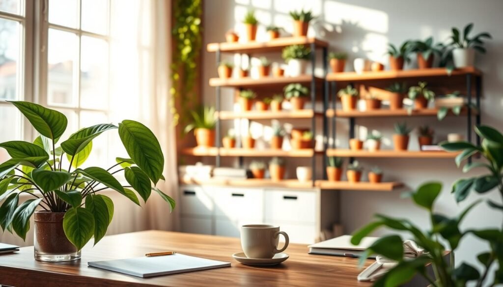 A beautifully organized home office space featuring lush, vibrant greenery paired with warm wood accents. In the foreground, a large, leafy houseplant sits elegantly on a wooden desk, surrounded by stylish stationery and a cozy coffee cup. The middle ground showcases an array of smaller plants in terracotta pots arranged on shelves made from reclaimed wood, creating a calming atmosphere. In the background, a window allows soft, warm sunlight to filter in, casting gentle shadows and enhancing the earthy tones. The scene evokes a sense of tranquility and productivity, perfect for a workspace. Capture this image with a focus on natural lighting, creating a warm and inviting ambiance, shot at a slight angle to emphasize depth.