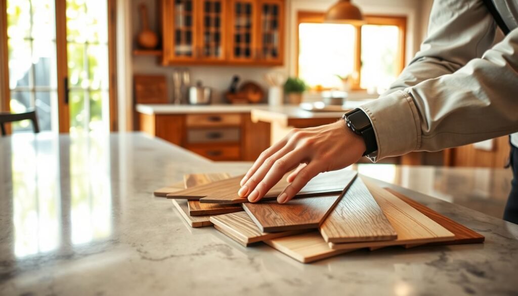 A beautifully organized kitchen workspace with a focus on wood selection. In the foreground, an array of different wood samples—maple, oak, walnut, and cherry—spread out on a polished countertop. A pair of hands, wearing professional casual attire, is gently touching the wood samples, evaluating their textures and colors. In the middle, a kitchen setting with warm, natural light streaming through a window, illuminating rustic cabinetry and a wooden island. You can see pots and kitchen tools in soft focus. In the background, greenery through the window adds vibrancy. The overall mood is inviting and warm, emphasizing the idea of comfort and vitality in kitchen design.