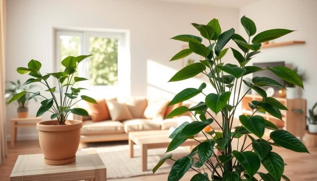 A beautifully refreshed living room, showcasing a harmonious blend of greenery and natural wood elements. In the foreground, an elegant potted plant with lush green leaves sits on a light wooden side table. The middle layer features a cozy seating area with a beige couch adorned with soft pillows in earth tones, a simple wooden coffee table, and a textured rug underfoot. The background reveals a light, airy window allowing natural sunlight to pour in, enhancing the warm atmosphere. The walls are painted in a soft pastel color, with minimalist wooden shelving displaying curated decor items. The overall lighting is soft and inviting, reminiscent of late afternoon sun. The scene captures a serene and rejuvenated ambiance, perfect for inspiring a sense of refreshment in any space.
