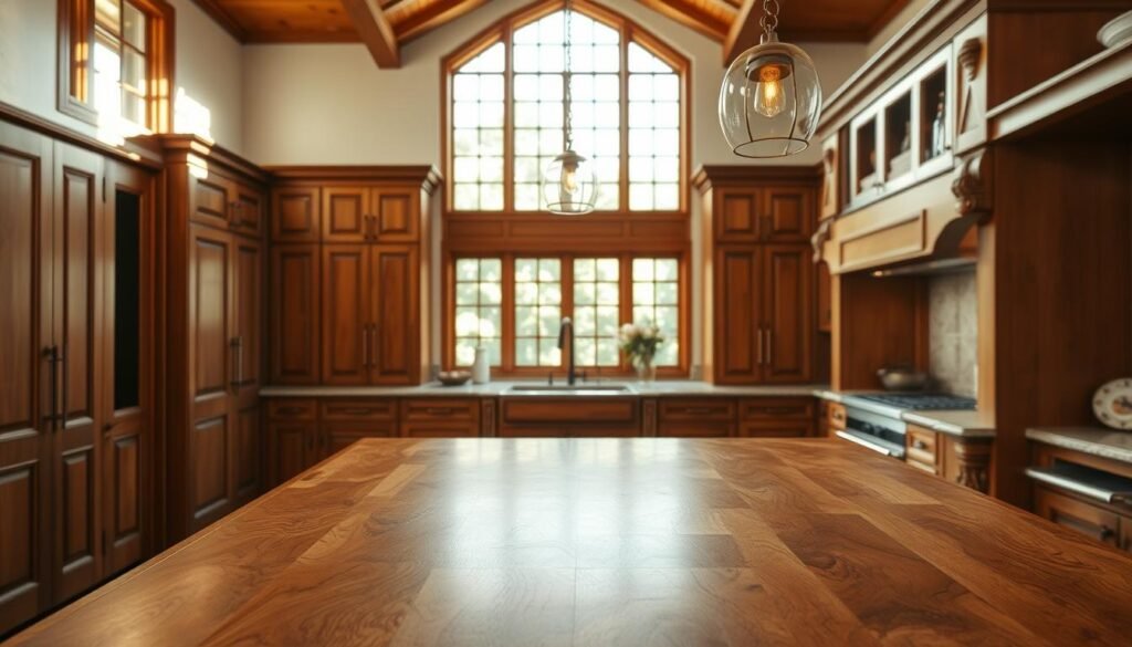 A beautifully renovated kitchen featuring larger wood projects that embody a complete transformation. In the foreground, showcase a custom-built wooden island with a beautiful grain, topped with a rich marble countertop. The middle ground includes elegant, handcrafted wooden cabinetry with intricate details, blending functionality and artistry. In the background, soft sunlight filters through large windows, illuminating the warm wooden tones and creating an inviting atmosphere. The scene is enhanced by hanging pendant lights that cast a gentle glow, adding to the cozy, sophisticated feel of the kitchen. The lens captures the depth and texture of the woodwork, emphasizing craftsmanship. Overall, the mood is warm and welcoming, perfect for showcasing larger wood projects that elevate a kitchen’s aesthetic.