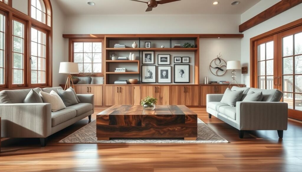 A beautifully renovated living room featuring rich wood accents. In the foreground, there is a cozy sofa adorned with neutral-colored throw pillows, complemented by a sleek wooden coffee table crafted from reclaimed wood. In the middle, large windows bathe the room in soft, natural light, highlighting the polished wooden floors and elegant wooden shelving displaying tasteful decorations. A modern area rug adds warmth and texture. In the background, a tasteful gallery wall showcases framed artwork, harmonizing with the natural wood tones. The overall atmosphere is inviting and serene, with a focus on comfort and a touch of sophistication. The lighting is soft and warm, creating a relaxing ambiance. A wide-angle lens captures the entirety of the space, emphasizing the perfect blend of modern design and organic materials, inspiring viewers to consider their own living room transformations.