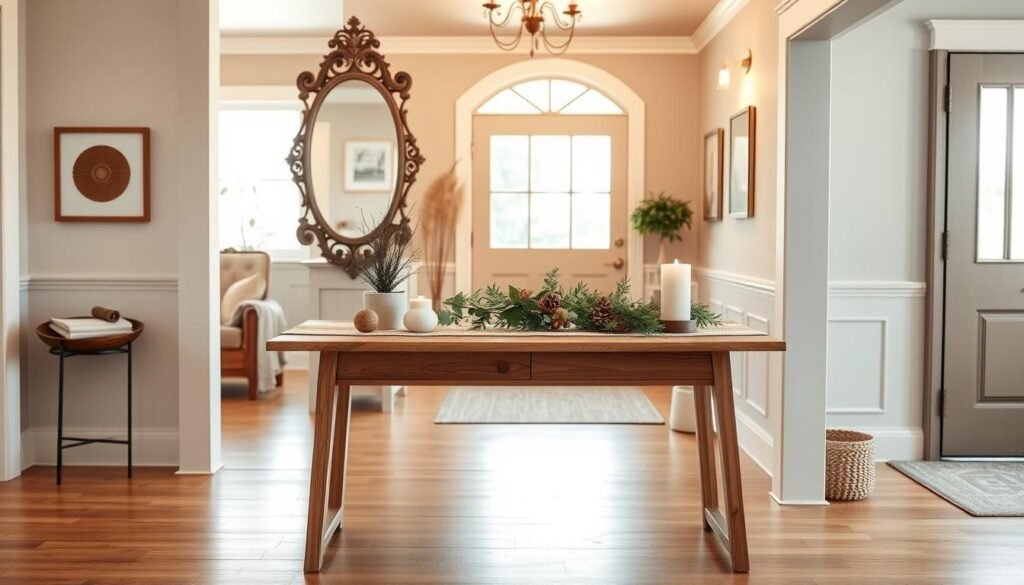 A beautifully styled console table in a wooden entryway, adorned with seasonal decorations. In the foreground, the sleek, natural wooden console table showcases a decorative mirror with an ornate frame reflecting soft, warm lighting. On the table, delicate seasonal accents—such as small potted plants, a textured runner, and tasteful candle arrangements—create a welcoming atmosphere. The middle ground features the entryway's wooden flooring, complemented by subtle decorative elements like a woven basket and light-hued wall art. In the background, a warm, inviting light filters through a large window, enhancing the overall mood of tranquility and comfort. The scene conveys a cozy yet sophisticated ambiance, ideal for a gentle wood accent setting.