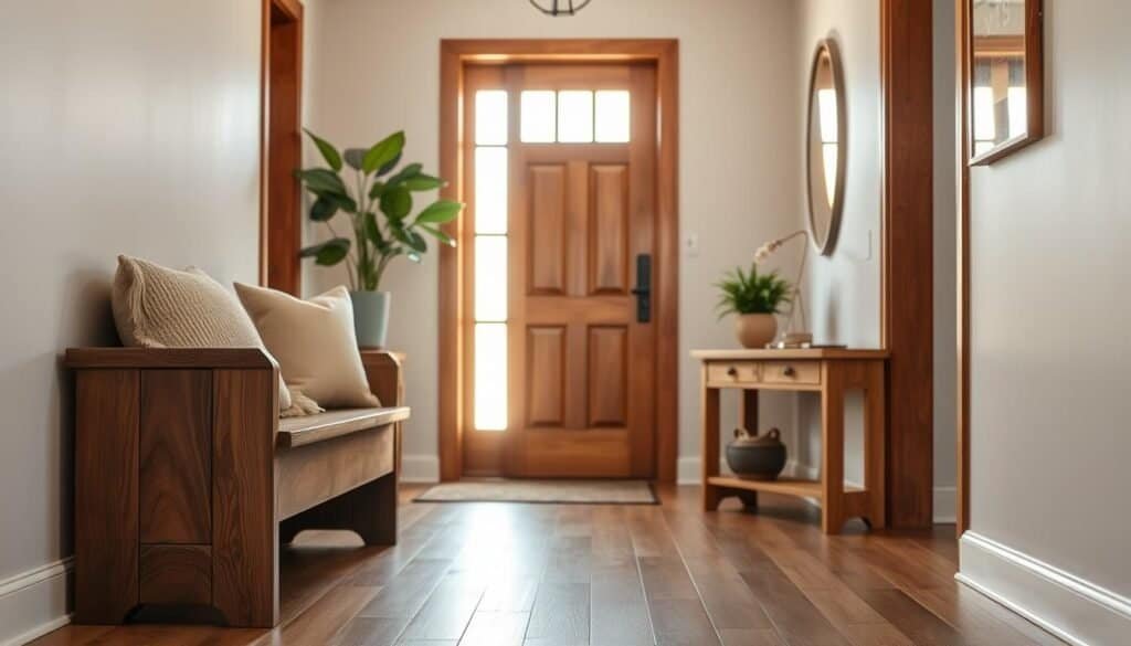 A beautifully styled entryway featuring a variety of wood tones to evoke warmth and coziness. In the foreground, include a rustic wooden bench with a smooth, rich walnut finish, adorned with decorative pillows in soft earth tones. The middle ground should showcase a stylish console table crafted from light oak, topped with a vibrant green potted plant and a sleek vase. In the background, depict a welcoming front door with a warm mahogany hue, framed by natural light streaming in through a nearby window, casting gentle shadows. The lighting should be soft and diffused, enhancing the wood textures and creating a tranquil, inviting atmosphere. The overall scene should feel harmonious and uplifting, emphasizing how these wood elements can enliven an entryway.