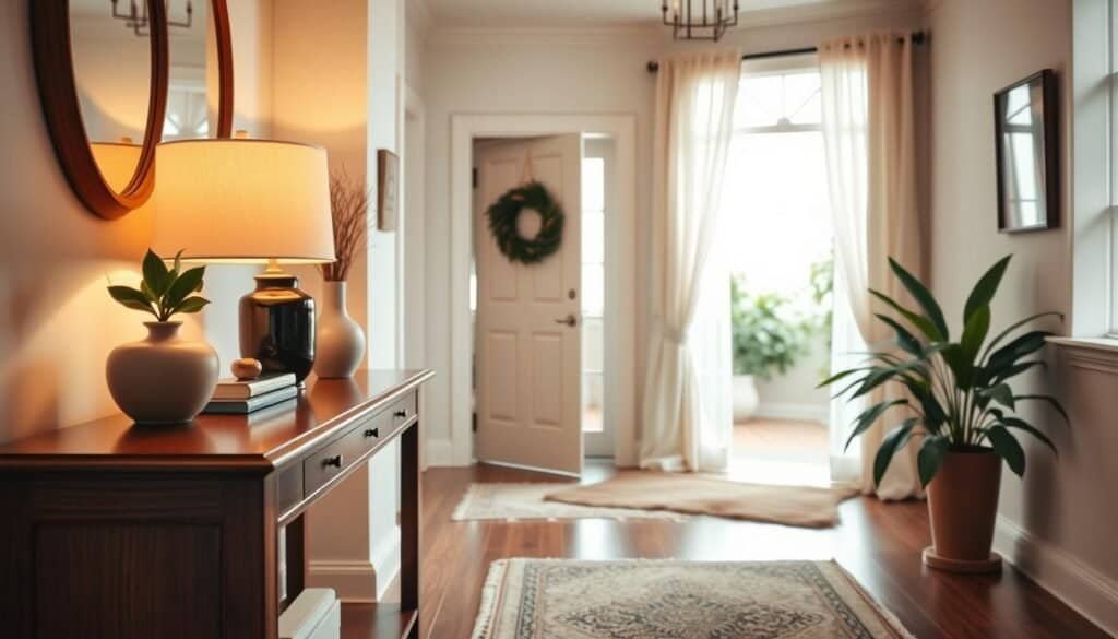 A beautifully styled entryway showcasing a gentle wood accent. In the foreground, a close-up of a rich mahogany console table adorned with decorative elements – a small potted plant, a stylish vase, and a chic lamp casting warm light. In the middle ground, the welcoming entryway features light-colored walls and a cozy rug, adding warmth to the space. In the background, an open doorway reveals a glimpse of natural light filtering through sheer curtains, enhancing the inviting atmosphere. Capture this scene with soft, diffused lighting reminiscent of a late afternoon, using a wide-angle lens to emphasize the depth of the space. The overall mood is serene and welcoming, encouraging a sense of calm and comfort.