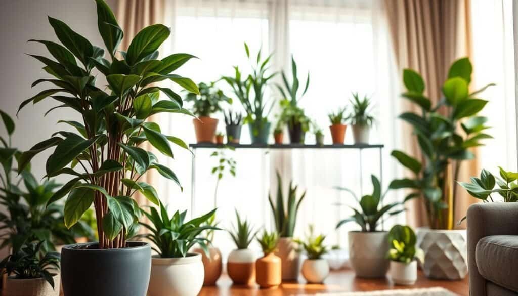 A beautifully styled indoor plant arrangement showcasing various styling techniques. In the foreground, a tall, lush potted plant with broad leaves is artfully placed alongside smaller plants in elegant ceramic pots. The middle ground presents a well-designed shelf with diverse plant species, varying in height and texture, creating an illusion of abundance. The background features a softly lit window with sheer curtains filtering warm sunlight, enhancing the vibrant greens of the foliage. The atmosphere is tranquil and inviting, emphasizing the harmony of nature within a modern living space. Use natural lighting to highlight the textures and colors, shot with a shallow depth of field to focus on the plants while gently blurring the background for an aesthetically pleasing effect.