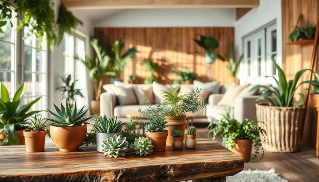 A beautifully styled indoor space showcasing a harmonious blend of lush green plants and warm wood accents. In the foreground, a rustic wooden coffee table adorned with a variety of potted plants, including succulents and ferns, creates an inviting atmosphere. The middle ground features a cozy seating area with a plush sofa, cozy throw pillows, and a woven basket filled with additional greenery. In the background, large windows bathe the space in soft, natural light, casting gentle shadows and enhancing the warmth of the wood. The overall mood is serene and connected to nature, perfect for individuals seeking inspiration for plant and wood décor. Apply a warm color palette with light tones to evoke a sense of comfort. No people are included in the scene.