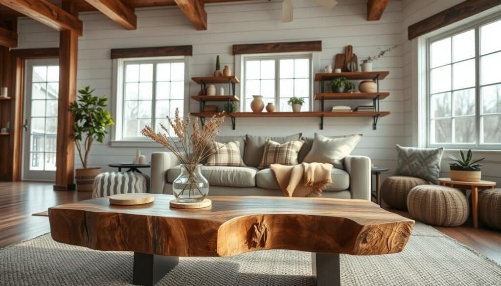 A beautifully styled interior showcasing modern rustic decor. In the foreground, a handcrafted wooden coffee table with a live edge, displaying a vase of dried flowers, surrounded by natural fabric coasters. The middle section features a cozy sofa with neutral-toned cushions and a plaid throw, complemented by a warm area rug. A set of wall shelves made from reclaimed wood displays a mix of ceramic and greenery accents. In the background, large windows allow soft, diffused natural light to brighten the space, highlighting the textures of exposed wooden beams and white shiplap walls. The overall mood is inviting and tranquil, embodying a balance of contemporary elegance and rustic charm for a harmonious living space.