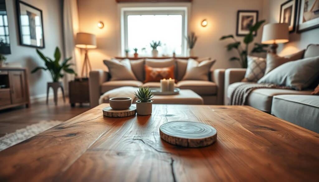 A beautifully styled living room featuring a cozy corner that integrates a striking wooden element, such as a rustic wooden coffee table, with existing decor. In the foreground, the wooden coffee table is adorned with soft, textured coasters and a small potted plant, showcasing its natural grain and warm tones. In the middle ground, plush seating in neutral tones complements the wooden accent, while decorative cushions add pops of color. The background features softly lit walls adorned with framed artwork and a large window allowing natural light to pour in, creating an inviting atmosphere. The overall mood is warm and welcoming, emphasizing comfort and style with warm, diffused lighting to enhance the textures of the wood and textiles. Shoot from a slightly elevated angle to capture the full essence of the space.