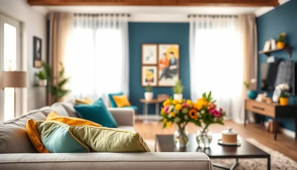 A beautifully styled living room featuring a harmonious blend of color changes in home decor, with a focus on strategic color accents. In the foreground, a cozy sofa adorned with vibrant throw pillows in shades of teal and mustard yellow invites relaxation. The middle section showcases an accent wall painted in a rich deep blue, contrasting with light neutral furnishings and decorative accents like colorful artwork and potted plants. In the background, soft natural light filters through sheer curtains, creating a warm and inviting atmosphere, while a coffee table displays a tastefully arranged vase of fresh flowers. The room exudes a sense of freshness and creativity, highlighting how color can transform a space. The scene is photographed with a shallow depth of field, creating a soft bokeh effect that emphasizes the decor elements.