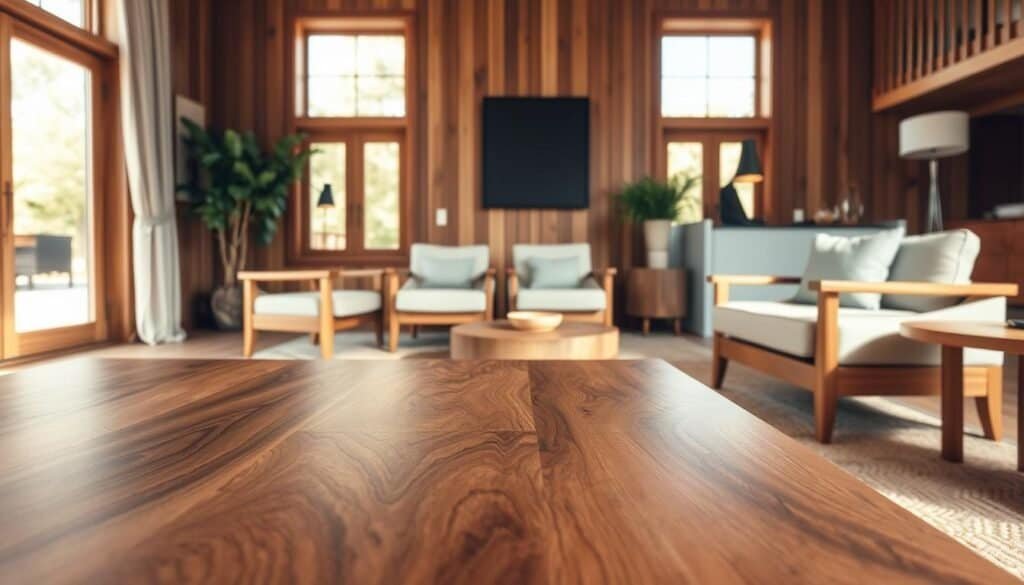 A beautifully styled living room featuring stunning wooden furniture statement pieces. In the foreground, an elegant, handcrafted wooden coffee table made from rich walnut, showcasing intricate grain patterns. The middle ground includes a pair of stylish wooden armchairs with a modern design, upholstered in soft, neutral fabric. In the background, large windows allow warm, natural light to pour in, creating a cozy atmosphere. A subtle, plush area rug in earthy tones adds warmth to the space. The overall mood is inviting and serene, perfect for comfortable gatherings. The lighting is soft and diffused, enhancing the warm wood tones. The image should be taken with a wide-angle lens to capture the full essence of the room, emphasizing the beauty of the wooden elements without any text or distractions.
