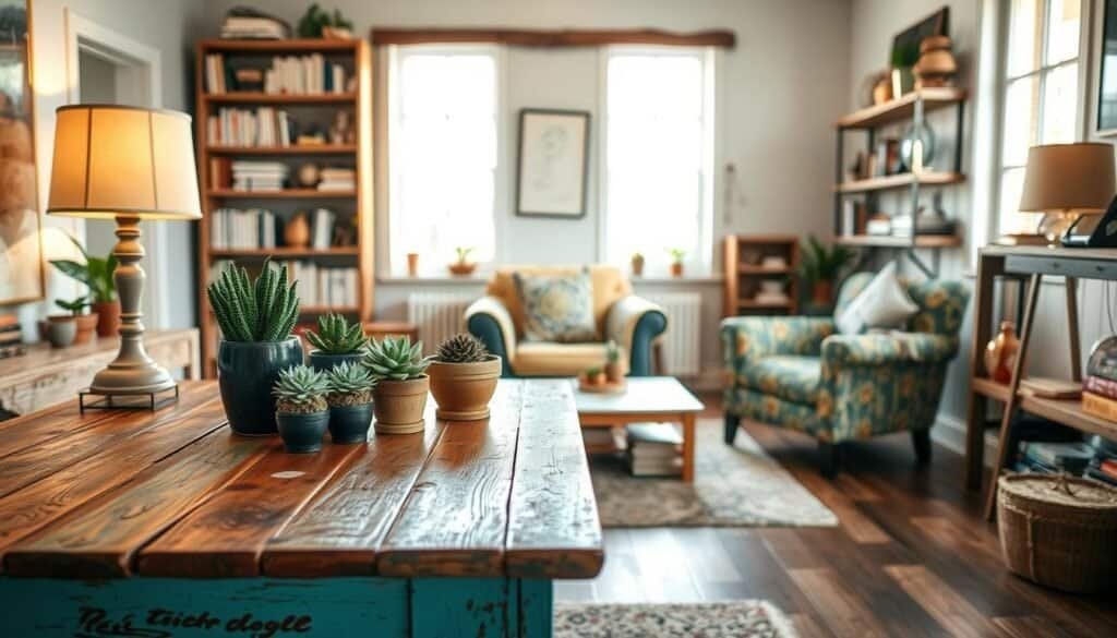 A beautifully styled room featuring a stunning upcycled furniture transformation: in the foreground, a rustic wooden table with a vibrant, hand-painted finish, adorned with potted succulents and a vintage lamp. In the middle, a cozy armchair made from reclaimed materials, upholstered in cheerful, patterned fabric. To the background, a soft-lit, airy space with light streaming through large windows, illuminating reclaimed wood shelves filled with books and decorative items. The atmosphere is warm and inviting, with a touch of creativity and personality. The room is designed to inspire DIY home decor enthusiasts with its unique, sustainable solutions. Natural lighting enhances the textures and colors of the furniture, creating a harmonious, eclectic vibe.