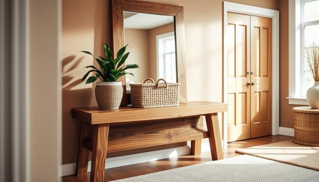A beautifully styled wooden piece, showcasing rich grain patterns and natural textures, elegantly placed in a welcoming entryway. In the foreground, a handcrafted wood console table with a smooth finish, adorned with a potted green plant and a textured woven basket for practical storage. The middle layer features a strategically placed full-length mirror reflecting soft, ambient light, creating an illusion of spaciousness. In the background, warm, neutral-toned walls and a cozy rug complement the wood's warm hues, setting a tranquil atmosphere. The scene is illuminated by natural light streaming through a nearby window, enhancing the wood's organic beauty. Captured with a shallow depth of field, the focus remains on the wood piece, evoking a serene and inviting mood, perfect for refreshing an entryway.