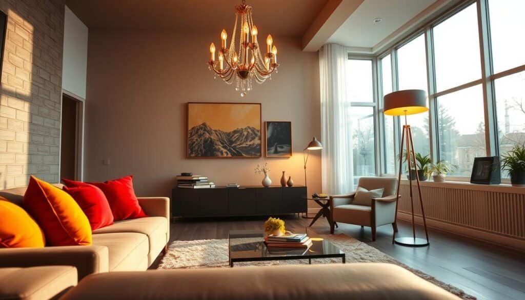 A beautifully transformed living room showcasing the impact of effective lighting. The foreground features a stylish sofa adorned with vibrant cushions, complemented by a sleek coffee table. The middle ground reveals a stunning chandelier casting warm, inviting light, highlighting textured walls painted in soft, energizing colors. To the right, a standing lamp with a modern design illuminates a cozy reading nook. In the background, large windows allow natural light to filter in, creating a harmonious blend with the artificial lighting. The overall atmosphere is uplifting and rejuvenating, promoting a sense of comfort and energy. Use soft, focused lighting to accentuate the room's features, captured with a wide-angle lens to emphasize spaciousness and warmth.