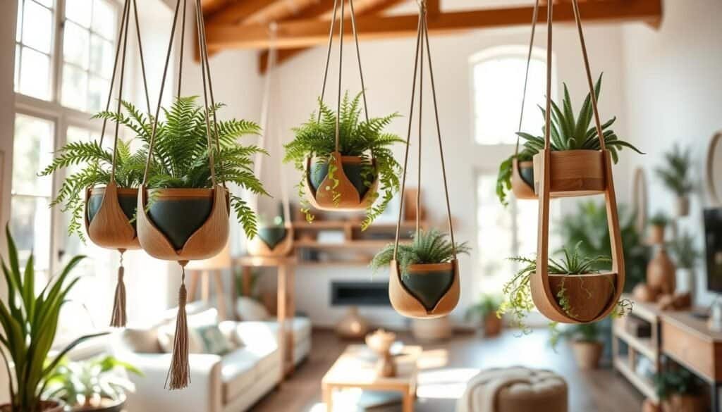 A bright, airy interior scene featuring beautifully crafted DIY wooden plant hangers. In the foreground, showcase several hangers made from natural wood, displaying potted plants with vibrant green foliage, such as ferns or succulents. The middle ground reveals a cozy living space with soft, neutral-toned furnishings and large windows allowing warm sunlight to filter in, casting gentle shadows. In the background, hints of wood-beamed ceilings and organic textures suggest a grounded, earthy atmosphere. The lighting should be soft and inviting, enhancing the natural beauty of the wood. Capture this scene from a slightly elevated angle to showcase the interplay between the hangers and the plants, creating a harmonious balance of nature and home décor.