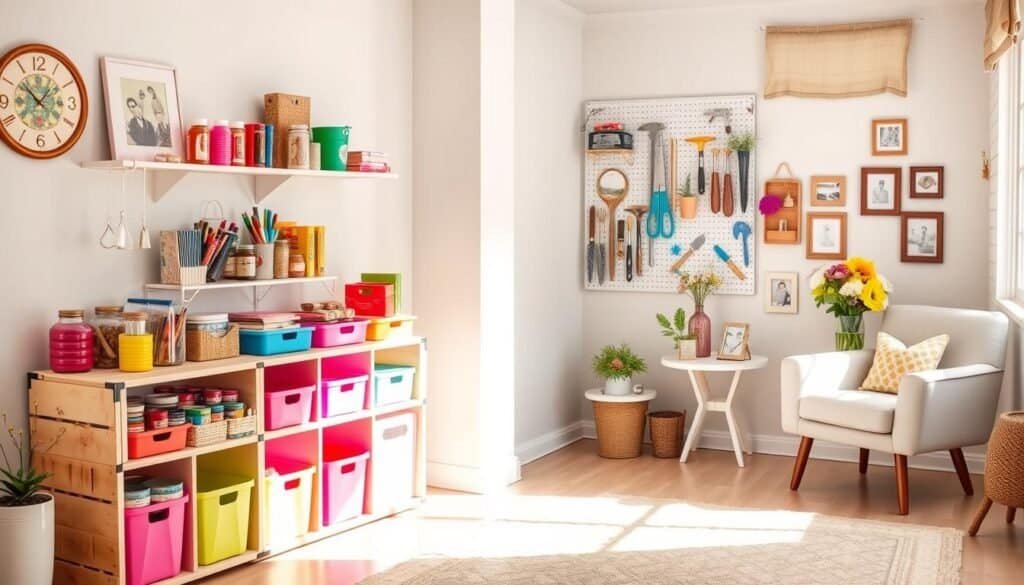 A bright, airy room showcasing creative DIY organization ideas using dollar store supplies. In the foreground, a beautifully styled shelf made from repurposed crates, holding colorful bins, jars, and craft supplies neatly organized. The middle ground features a chic, upcycled pegboard with various tools and decorative items, all arranged harmoniously. In the background, a cozy corner with a comfortable chair and a small table adorned with dollar store flower arrangements and picture frames. Soft, natural light streams in through a nearby window, casting gentle shadows that enhance the inviting atmosphere. The color palette is fresh and vibrant, emphasizing a budget-friendly yet stylish decor theme, perfect for refreshing any room.