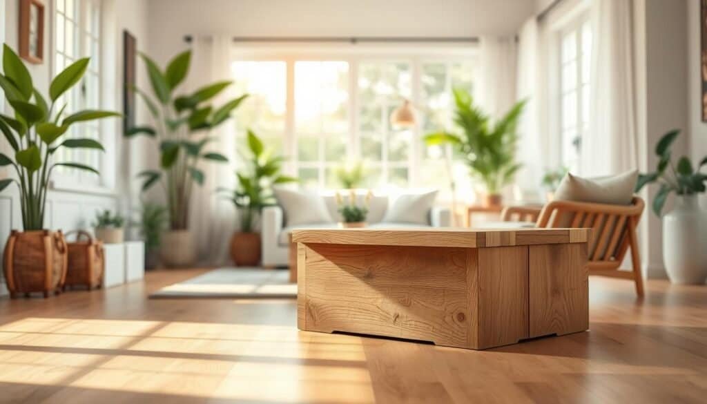 A bright and airy interior space featuring a simple yet elegant wooden piece, such as a handcrafted coffee table or a rustic accent chair, positioned prominently in the foreground. The middle ground showcases a cozy living area with soft, neutral-toned furnishings and lush green plants, enhancing the refreshing atmosphere. In the background, large windows let in warm daylight, casting gentle shadows and highlighting the wood grain of the furniture. The overall mood is inviting and serene, with a harmonious blend of natural textures and colors. The image should be shot from a slightly elevated angle to capture the depth and warmth of the space, using soft focus for a dreamy effect, creating a tranquil retreat that feels welcoming.
