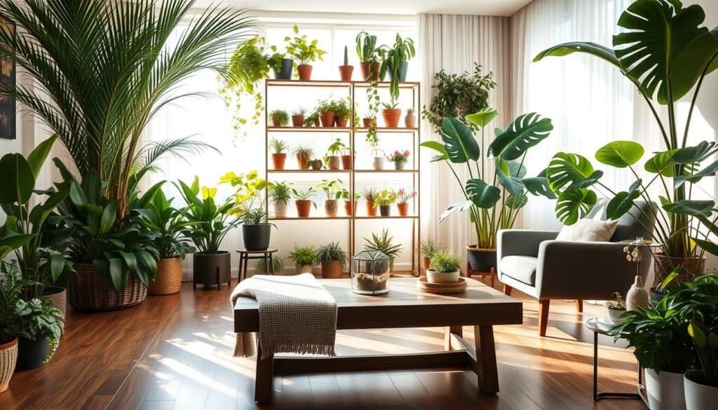 A bright and airy living room filled with various indoor plants, including tall palms, cascading ferns, and vibrant succulents. In the foreground, a stylish wooden coffee table adorned with a small terrarium and a textured throw blanket. The middle ground features a large window, sunlight streaming through sheer curtains, casting soft shadows on the polished wooden floor. Shelves filled with potted herbs and flowering plants create depth, enhancing the fresh feel of the space. In the background, a cozy armchair sits beside a leafy Monstera plant, inviting relaxation. The overall atmosphere is calm and rejuvenating, ideal for showcasing the transformative power of greenery in home decor. Natural lighting emphasizes the green hues and brings warmth to the scene.