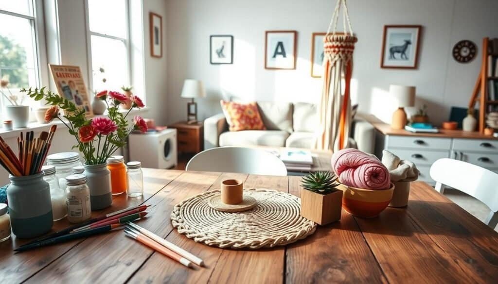 A bright and inviting home workspace featuring an array of easy DIY home decor projects. In the foreground, a rustic wooden table is adorned with various craft supplies like paintbrushes, jars of paints, and fabric swatches. A simple floral centerpiece adds a touch of color. In the middle, a completed project showcases a handmade wall hanging made of macramé and colorful yarn. Next to it, there is a small potted succulent sitting on a decorative woven mat. In the background, a cozy living room is visible, with soft natural light streaming through a large window, illuminating a few simple framed art pieces and a comfy couch. The overall mood is warm and inviting, inspiring creativity and a sense of accomplishment.