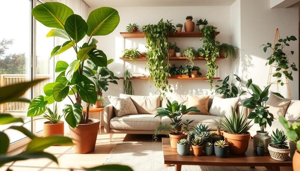 A bright and inviting living room filled with a diverse array of greenery. In the foreground, a large potted fiddle leaf fig stands majestically beside a cozy, stylish couch adorned with soft cushions. In the middle ground, cascading pothos vines drape elegantly from rustic wooden shelves, while a small coffee table features a colorful assortment of succulent plants arranged in decorative pots. The background reveals a large window that allows soft, natural sunlight to flood the space, creating a warm, cheerful atmosphere. Gentle shadows dance across the floor, enhancing the peaceful environment. Capture this scene in a wide-angle lens, emphasizing the harmony between nature and interior design, evoking a sense of revitalization and tranquility.