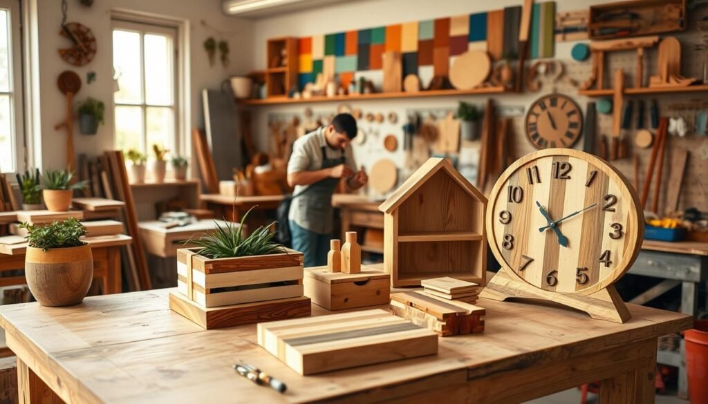 A bright and inviting workshop space filled with various upcycled wood projects. In the foreground, a rustic wooden table displays an array of transformed items: a stylish planter made from reclaimed wood, a decorative shelf, and a unique clock crafted from scrap pieces, all showcasing intricate details like wood grain and vibrant finishes. In the middle ground, a person in modest casual clothing is actively sanding down a wooden piece, surrounded by tools and offcuts. The background features a wall adorned with a variety of completed upcycling projects and colorful paint samples. Soft, warm natural lighting filters through a window, creating a cozy atmosphere that inspires creativity and hands-on craftsmanship. The composition invites viewers to imagine their own DIY adventures.