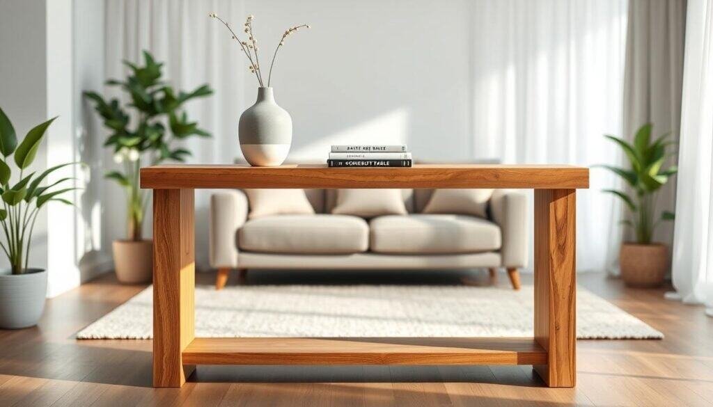 A budget-friendly wood console table, crafted from rustic reclaimed wood, featuring a minimalist design with clean lines and a natural finish. The table stands elegantly against a light, airy living room backdrop, with subtle hints of greenery from potted plants in the corners. Soft, diffused daylight filters through sheer curtains, casting gentle shadows that enhance the wood's textures. The foreground showcases the console table adorned with a simple decorative vase and a stack of stylish coffee table books, inviting warmth and charm. In the middle ground, a cozy seating area with a plush sofa and a large, inviting area rug can be seen, while the background remains softly blurred, emphasizing the console table as the focal point of a welcoming space. The overall atmosphere conveys a sense of comfort and simplicity, ideal for refreshing any room.