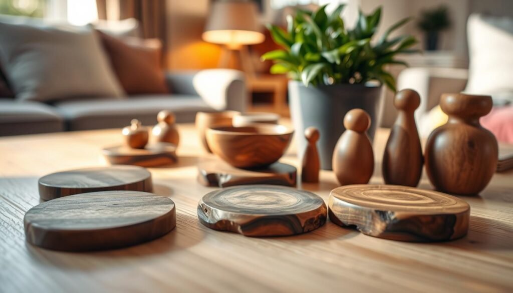 A carefully arranged display of small wooden accessories, including artisanal coasters, a hand-carved bowl, and unique figurines, set on a light oak table. In the foreground, the details of the wood grain are highlighted, showcasing the rich textures and warm tones of the wood. The middle ground features a softly blurred potted plant, adding a touch of greenery. In the background, a cozy living space is implied with a faint glimpse of a warm light illuminating the room, creating an inviting atmosphere. The scene is bathed in natural sunlight, casting gentle shadows that enhance the wooden pieces' charm. Shot from a slightly elevated angle to capture the composition harmoniously, evoking a sense of tranquility and warmth.