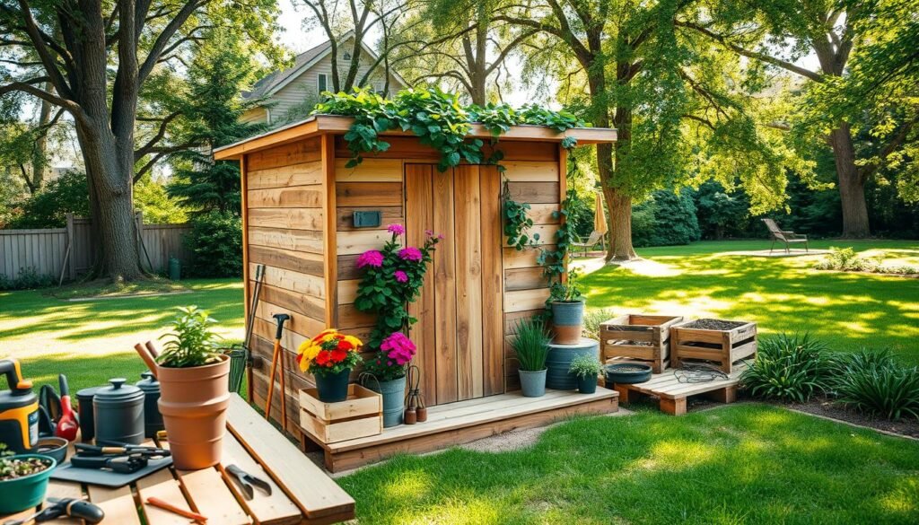 A charming DIY pallet garden shed sits in a lush backyard, constructed from reclaimed wooden pallets, showcasing a rustic yet inviting aesthetic. The foreground features a neatly organized workbench with various gardening tools and flower pots filled with colorful blooms. In the middle, the shed stands as the focal point, its weathered texture and vibrant plants climbing around it, surrounded by neatly arranged wooden crates. The background reveals a serene garden with tall trees, soft grass, and dappled sunlight filtering through the leaves, creating a warm, calming atmosphere. The image captures a wide-angle view, showcasing the inviting space, with soft natural lighting enhancing the rustic charm of the pallet design and the tranquility of a peaceful day outdoors.