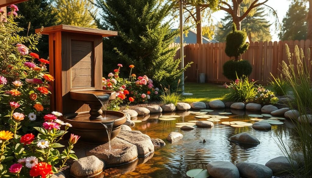 A charming DIY wooden garden fountain nestled in a lush backyard. In the foreground, a beautifully crafted rustic wooden structure with gently cascading water, surrounded by colorful blooming flowers and rich green foliage. The middle ground features a tranquil pond reflecting the soft ripples created by the fountain, adorned with smooth stones and lily pads. In the background, a cozy wooden fence and a few tall trees provide shade, enhancing the serene atmosphere. The image is bathed in warm, golden sunlight, casting gentle shadows and highlighting the natural textures of the wood and plants. The overall mood is peaceful and inviting, perfect for reconnecting with nature in a neglected outdoor space.
