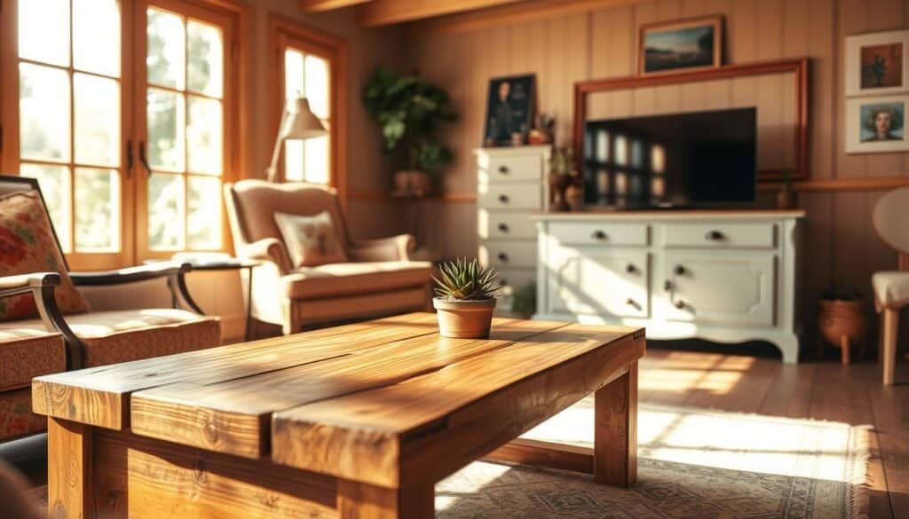 A charming living room setting showcasing several upcycled furniture projects. In the foreground, a beautifully repurposed wooden coffee table, made from reclaimed barn wood, features a rustic finish and is decorated with a small potted succulent. To the side, an antique chair has been reupholstered in vibrant, eco-friendly fabric. In the middle ground, a creatively transformed dresser serves as a unique TV stand, painted in a soft pastel color with vintage knobs. The background features a cozy, sunlit room with large windows allowing warm natural light to fill the space, casting gentle shadows. The overall atmosphere is inviting and inspiring, perfect for showcasing budget-friendly home decor ideas. The scene has a warm tone, highlighted by soft diffused lighting to enhance the textures of the furniture.