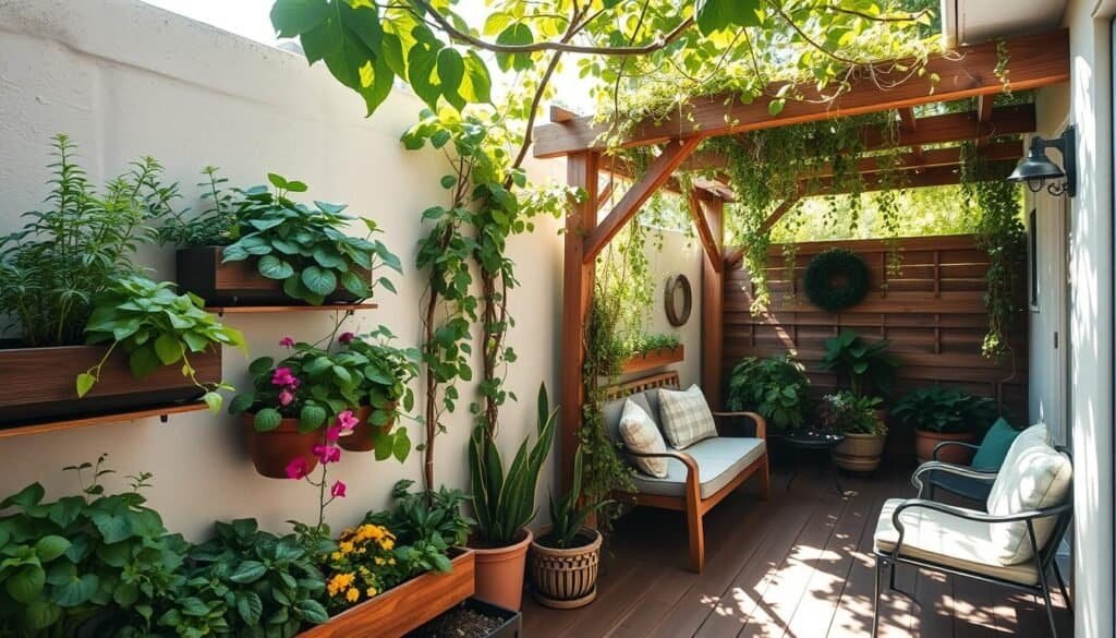 A charming vertical garden solution in a limited outdoor space, showcasing a variety of vibrant green plants climbing an elegant wooden trellis. Foreground features lush herbs and colorful flowers in wall-mounted planters, inviting a sense of freshness. The middle ground includes the trellis adorned with cascading vines, integrating seamlessly into a cozy outdoor nook with comfortable seating. In the background, soft sunlight filters through overhanging leaves, creating dappled shadows on a rustic wooden deck. The atmosphere is serene and rejuvenating, ideal for a space transforming from neglected to lively. Capture this scene with a wide-angle perspective, highlighting the interplay of light and greenery for an airy, inviting feel.