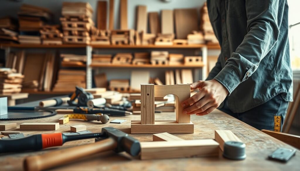 A clean and organized workshop scene focused on troubleshooting small wood projects. In the foreground, a workbench cluttered with tools like a saw, hammer, and measuring tape, along with various pieces of wood in different stages of assembly. A pair of hands in modest casual clothing examines a slightly misaligned joint, showcasing the process of problem-solving. In the middle, shelves lined with neatly stored wood planks and supplies create a sense of order. In the background, soft light filters through a window, casting gentle shadows and creating an inviting atmosphere. Use a narrow depth of field to emphasize the hands and the wood project, while ensuring the background remains slightly blurred to enhance focus. The overall mood is one of determination and creativity, inspiring viewers to engage in their own DIY projects.
