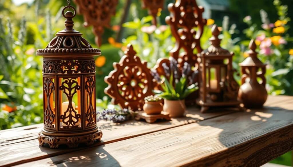 A close-up of beautifully carved wooden decorative elements, such as intricately designed lanterns, wall hangings, and small sculptures, arranged aesthetically on a rustic wooden table. In the foreground, focus on a finely detailed lantern, showcasing the grain and texture of the wood, illuminated by soft natural light for a warm atmosphere. In the middle ground, include a few smaller accent pieces, elegantly arranged with greenery, like sprigs of lavender or small potted plants, enhancing the inviting outdoor setting. The background features a blurred lush garden filled with vibrant plants and flowers, basking in gentle sunlight, creating a serene and refreshing ambiance. Use a shallow depth of field to draw attention to the wooden elements, capturing a sense of craftsmanship and natural beauty.