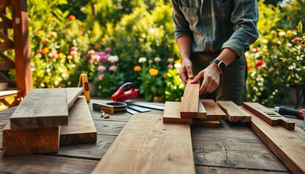 A close-up view of a skilled carpenter inspecting different types of wood for outdoor projects. In the foreground, various wooden planks—cedar, redwood, and treated lumber—are neatly arranged on a rustic wooden table. The carpenter, dressed in modest casual clothing, is thoughtfully examining the grain of a cedar plank. In the middle ground, tools such as a measuring tape, a square, and a handsaw are visible, hinting at the woodworking process. The background features a lush garden with greenery and colorful flowers, bathed in warm, natural sunlight that creates inviting shadows. The atmosphere is serene and focused, evoking a sense of craftsmanship and the joy of outdoor creativity.