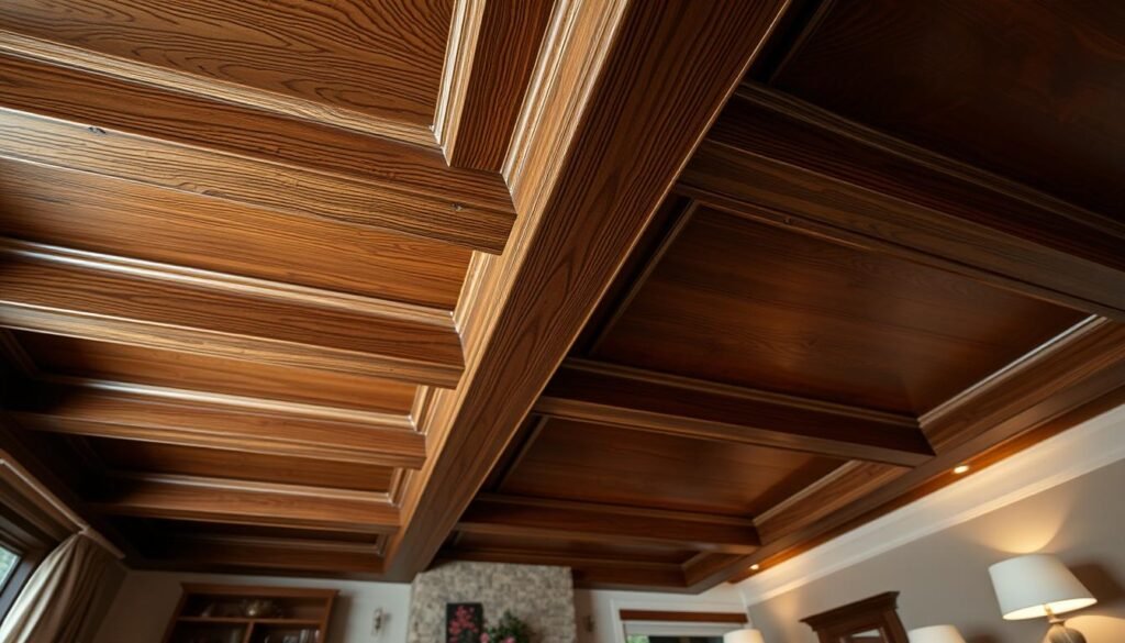 A close-up view of an ornate wooden ceiling featuring intricate carvings and beams in a cozy, modern living room. The foreground captures the rich textures of the polished wood, showing fine grain patterns and subtle details of craftsmanship. In the middle ground, the beams intersect at a slight angle, creating a sense of depth and inviting warmth. The background reveals a softly lit room with warm, ambient lighting, enhancing the inviting atmosphere. The image is captured from a low angle, emphasizing the ceiling’s height and grandeur, evoking a feeling of comfort and elegance. The scene is devoid of any people or text, focusing solely on the beauty of wooden ceiling features as a breathtaking design element.
