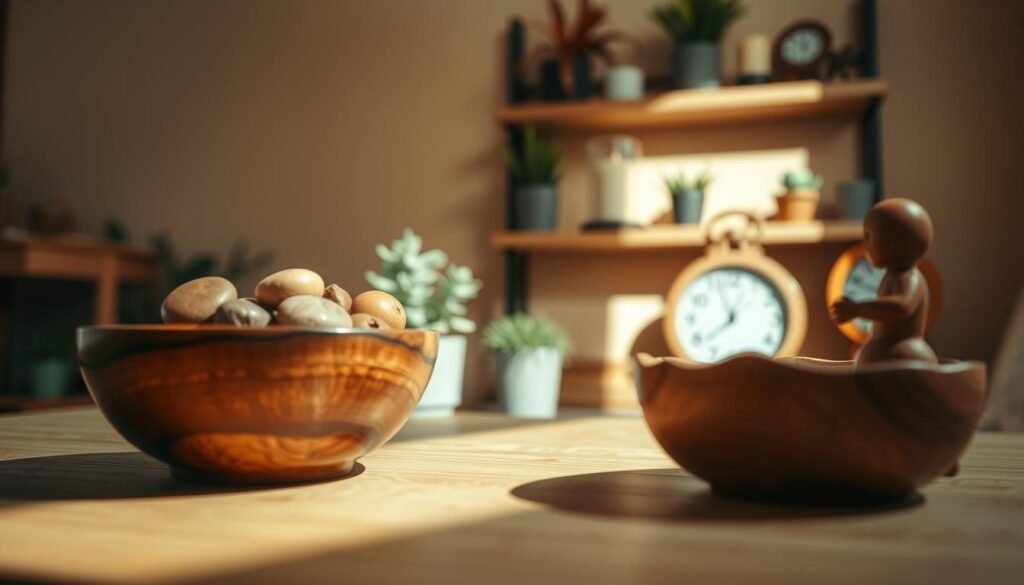A close-up view of small wooden accents in a cozy room setting. In the foreground, feature a beautifully crafted wooden bowl filled with decorative stones, alongside a hand-carved wooden figurine. The middle ground showcases a natural wooden shelf adorned with potted plants, candles, and a small wooden clock, casting soft shadows. In the background, a warm, neutral-toned wall enhances the rustic feel, illuminated by soft, diffused natural light pouring in from a window. The overall atmosphere is inviting and serene, highlighting the beauty and simplicity of wooden details that transform a space. Use a shallow depth of field to create a soft bokeh effect, focusing on the wooden accents while subtly blurring the background.