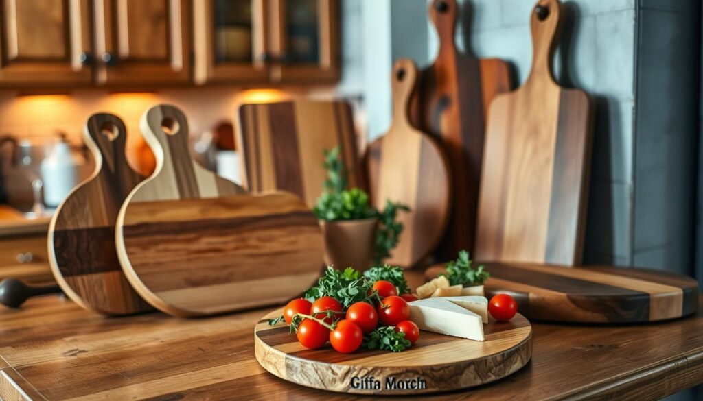 A collection of beautifully crafted wooden cutting boards displayed on a rustic kitchen countertop. The cutting boards, varying in size and shape, showcase rich wood grains and textures, reflecting warm tones of oak and walnut. In the foreground, a round, charcuterie-style cutting board is adorned with an assortment of fresh herbs, cherry tomatoes, and artisanal cheese, creating an inviting setting. In the middle ground, a rectangular cutting board leans against the wall, next to a small potted plant, enhancing the organic feel. The background features a softly blurred kitchen scene with wooden cabinets and warm, ambient lighting, casting gentle shadows. The overall atmosphere is cozy and welcoming, emphasizing the aesthetic appeal of wooden accents in home décor.