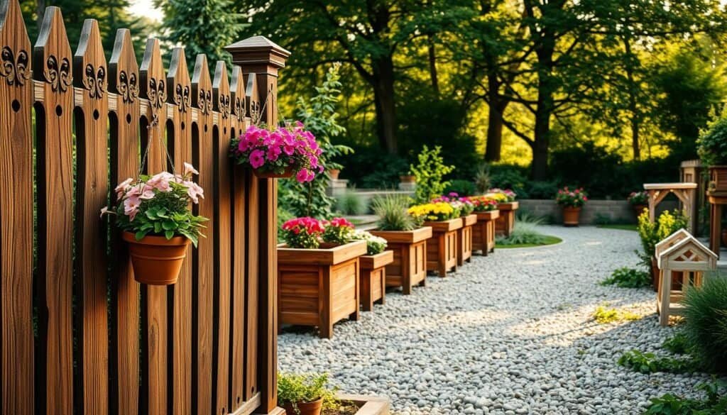 A collection of intricate wooden border elements designed to enhance a garden’s aesthetics. In the foreground, a rustic wooden fence with detailed carvings and natural weathering, accentuated with hanging flower pots. The middle features a series of charming wooden planters filled with vibrant flowers, arranged along a pebble pathway that leads into the depth of the scene. In the background, lush greenery and soft sunlight filtering through trees create a tranquil atmosphere. The image should evoke a feeling of warmth and harmony with nature, captured from a slightly elevated angle to showcase the borders in their full glory. The lighting is soft and golden, reminiscent of late afternoon sun, enhancing the natural wood grain.