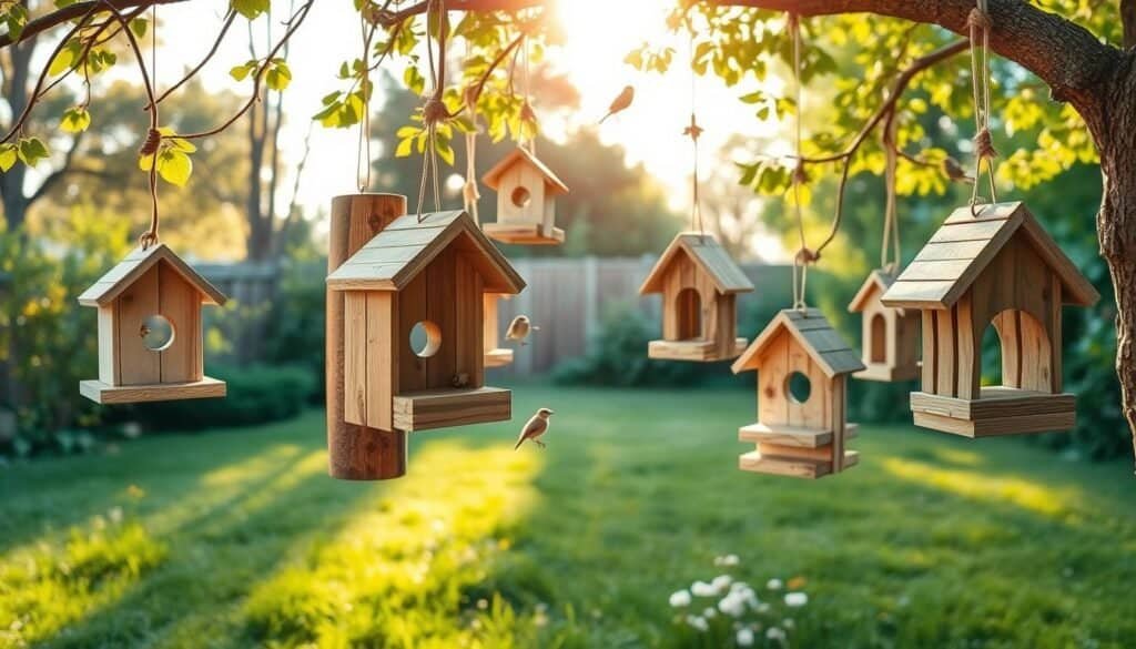 A collection of upcycled pallet wood bird feeders hanging from tree branches in a serene backyard setting. The foreground features a variety of beautifully crafted bird feeders, showcasing the rustic texture of the weathered wood, with soft natural colors and charming designs, some adorned with small decorative elements. In the middle ground, lush green grass and scattered wildflowers create a relaxed atmosphere, while small birds such as sparrows and finches flit between the feeders. The background captures a soft-focus view of trees and a clear blue sky, drenched in warm, golden sunlight to evoke a sense of peace and tranquility. The image is shot from a slightly elevated angle, accentuating the craftsmanship and inviting viewers to enjoy this quick, rewarding woodworking project in nature.