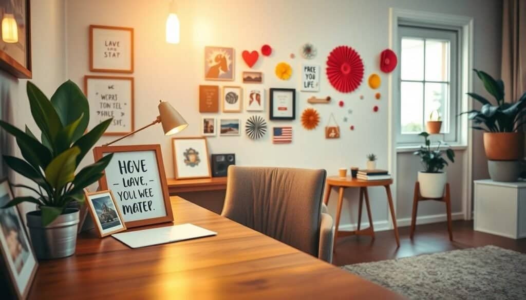 A cozy DIY motivation corner in a stylish home setting. In the foreground, a beautifully crafted wooden desk with motivational quotes framed and inspiring photographs arranged neatly. To the side, a potted plant adds a touch of greenery. In the middle, a comfortable chair upholstered in soft fabric invites relaxation and contemplation. Behind the desk, a wall is adorned with colorful wall art and handmade decorations, reflecting creativity and positivity. The background features warm, natural lighting filtering through a nearby window, casting gentle shadows and creating an inviting atmosphere. The lens captures a slightly elevated angle, emphasizing the layout and warmth of the space, evoking a motivating and uplifting vibe.