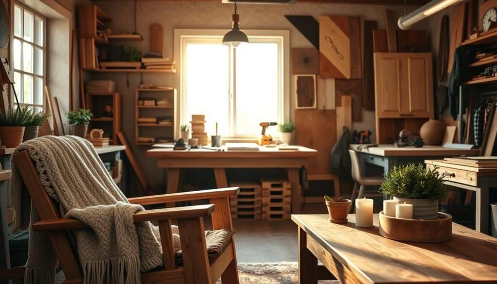 A cozy DIY workshop filled with various wood projects. In the foreground, a well-crafted wooden chair with a soft, knit throw draped over it, and a rustic coffee table adorned with potted plants and candles. The middle ground showcases a sturdy workbench with tools like a saw, drill, and sandpaper, highlighting ongoing projects like a handmade bookshelf and a wooden wall art piece. The background features warm, natural light streaming in through a window, casting soft shadows and highlighting the rich textures of the wood. The atmosphere is inviting and inspiring, emphasizing a personal touch in the woodworking space, evoking feelings of warmth and creativity.