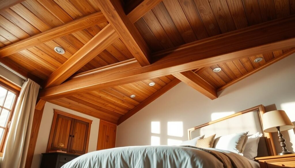 A cozy and inviting bedroom featuring prominent wooden ceiling beams and paneling, showcasing warm, rich textures of natural wood. In the foreground, softly lit by gentle natural light filtering through a large window, a spacious, well-decorated bed adorned with neutral-toned linens complements the wooden features. In the middle ground, intricate details of the wooden beams emerge, highlighting their craftsmanship and elegance. The background reveals calming wall colors that enhance the warmth of the wood, creating a serene atmosphere. The image should evoke a sense of tranquility and comfort, using soft, diffused lighting to cast warm shadows. Capture the scene from a slightly elevated angle to maximize the visual impact of the ceiling features, emphasizing their striking presence in the bedroom space. No human subjects or external distractions should be included, maintaining focus on the architectural beauty. A cozy and inviting bedroom featuring prominent wooden ceiling beams and paneling, showcasing warm, rich textures of natural wood. In the foreground, softly lit by gentle natural light filtering through a large window, a spacious, well-decorated bed adorned with neutral-toned linens complements the wooden features. In the middle ground, intricate details of the wooden beams emerge, highlighting their craftsmanship and elegance. The background reveals calming wall colors that enhance the warmth of the wood, creating a serene atmosphere. The image should evoke a sense of tranquility and comfort, using soft, diffused lighting to cast warm shadows. Capture the scene from a slightly elevated angle to maximize the visual impact of the ceiling features, emphasizing their striking presence in the bedroom space. No human subjects or external distractions should be included, maintaining focus on the architectural beauty.