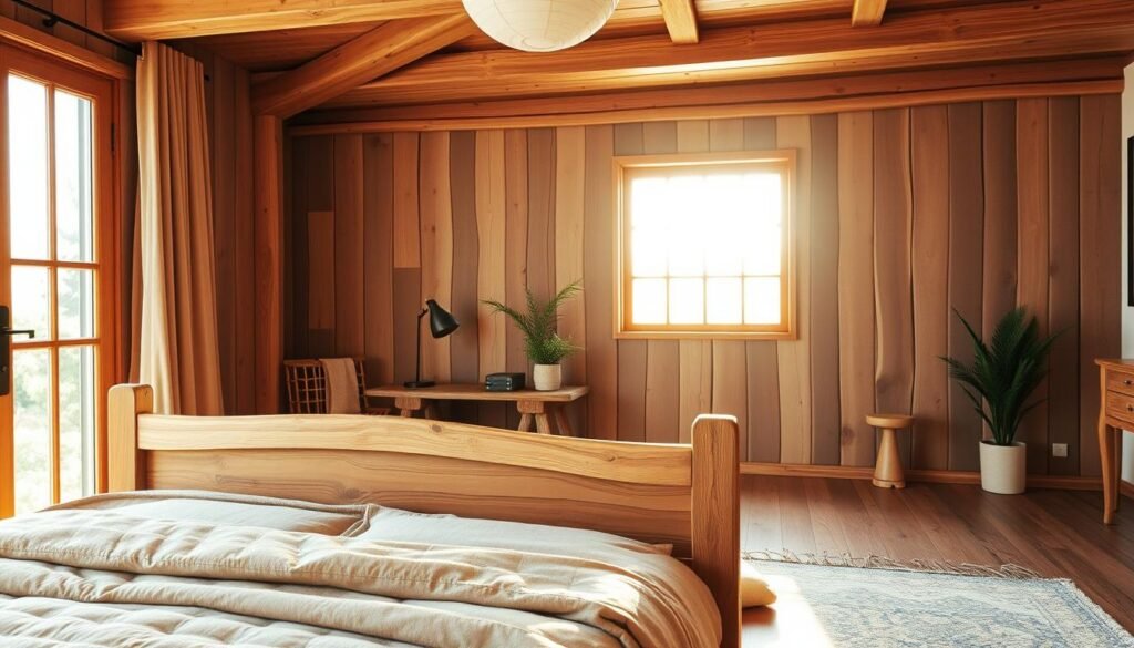 A cozy and inviting bedroom showcasing a perfect blend of natural wood elements and modern design. In the foreground, a beautifully crafted wooden bed frame with soft bedding in earthy tones. The middle features a rustic bedside table adorned with a minimalist lamp and a potted plant, adding a touch of greenery. In the background, a large window lets in warm, golden sunlight, illuminating wooden flooring and exposed wooden beams on the ceiling. The overall atmosphere is serene and rejuvenating, evoking a sense of tranquility and connection to nature. Use soft, natural lighting to enhance the warm wood tones, ensuring the image feels inviting and harmonious. Focus on showcasing the beauty of wood in various decorative elements, creating a cohesive yet diverse bedroom style.