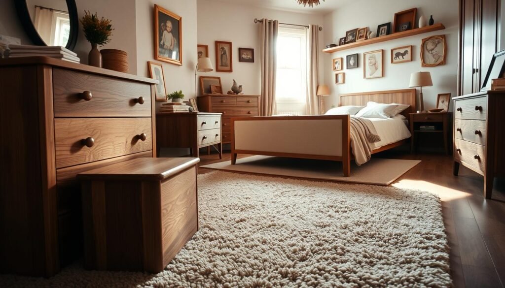 A cozy and inviting bedroom with a harmonious mix of wood tones. In the foreground, a natural oak dresser with clean lines sits beside a walnut nightstand, both showcasing their unique grains and textures. The middle ground features a plush, neutral carpet that complements the warm hues of the wood. A sunlit window casts soft, golden light across the room, highlighting the subtle variations in color between the wood pieces. In the background, a minimalist wooden bed frame with a softly upholstered headboard pairs gracefully with various wooden accents, including picture frames and decorative elements. The overall atmosphere is serene and balanced, exemplifying the beauty of mixing wood tones to create a tranquil space for relaxation.
