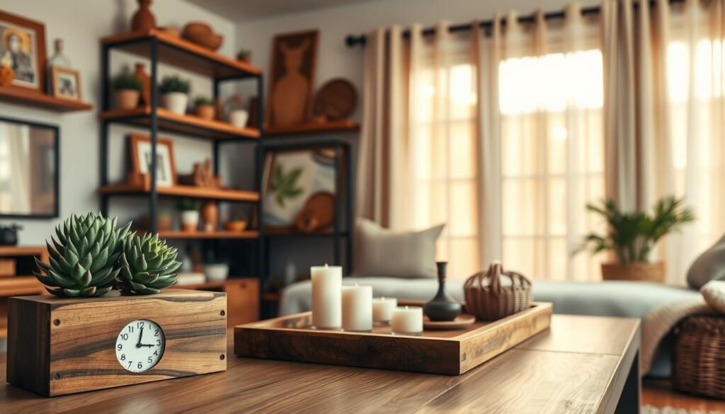 A cozy and inviting living room adorned with various wooden home décor ideas displayed on rustic shelves. In the foreground, a handcrafted wooden planter with green succulents and a small wooden clock made of reclaimed wood. In the middle, a beautifully arranged coffee table featuring a wooden tray with candles, a small vase, and a woven basket. In the background, a softly lit window with sheer curtains allowing warm, natural light to filter in, illuminating the room. The atmosphere is relaxed and inspiring, showcasing the beauty of DIY wooden projects. Capture this scene with a warm color palette and a slightly elevated angle, creating depth and inviting warmth. Ensure that the image is realistic, without any overlays, logos, or watermarks.