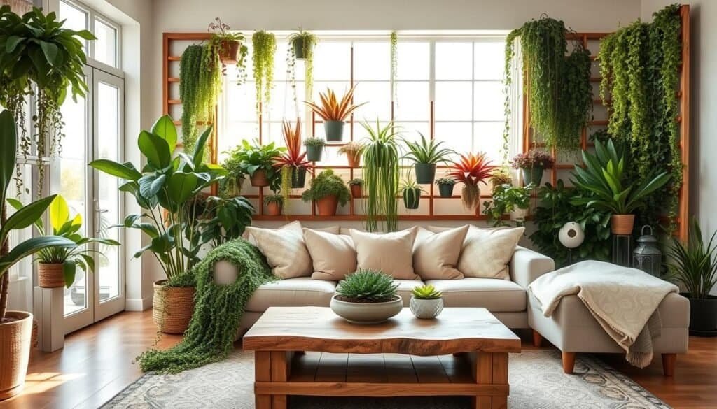 A cozy and inviting living room featuring a stunning plant wall decor as the main focus. The foreground showcases an eclectic mix of vibrant plants, including cascading ferns, potted succulents, and trailing vines, mounted on a wooden trellis. In the middle, a plush sofa adorned with soft, neutral-colored cushions complements the natural elements, while a stylish coffee table made of reclaimed wood adds warmth. The background features a large window allowing soft, natural light to fill the room, casting gentle shadows and enhancing the lush greenery. The atmosphere is serene and rejuvenating, evoking a sense of calm and vitality, perfect for inspiring a refreshing home makeover. The image captures a wide-angle view, emphasizing depth and inviting the viewer to imagine a tranquil space filled with life.